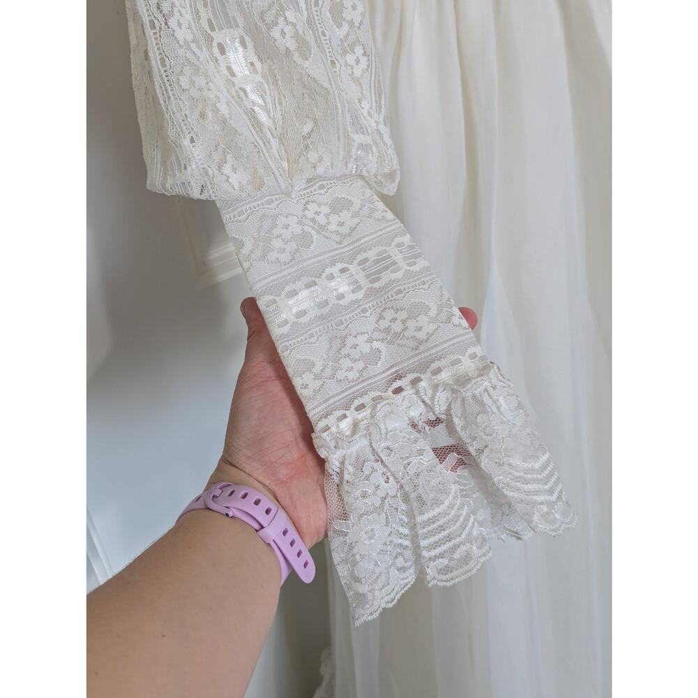 Vintage 70s Victorian Wedding Dress Bridgerton Lace High Neck Illusion Neckline - Picture 10 of 14